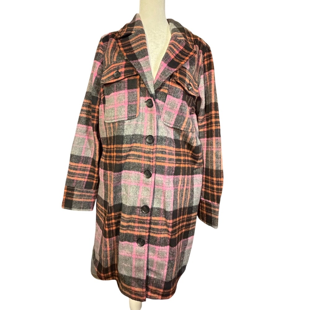 NWT Oversized S Pink Orange Plaid Shacket Coat Grunge Preppy Dopamine